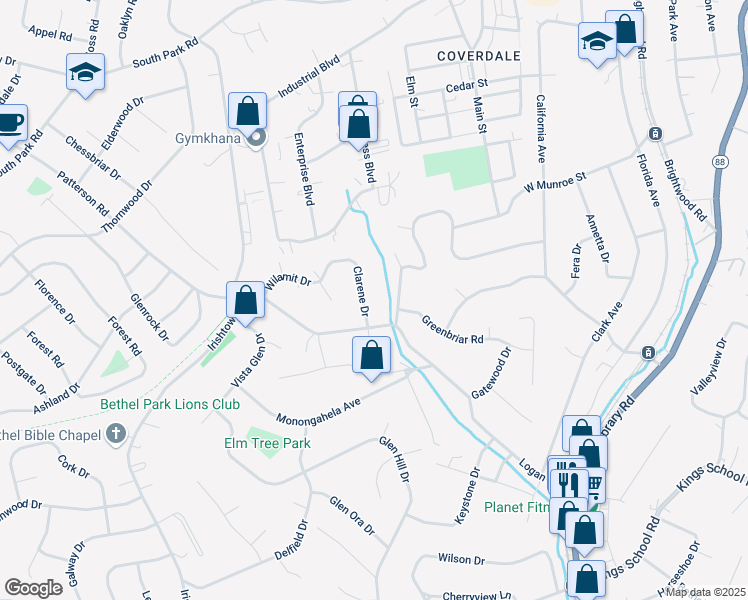 map of restaurants, bars, coffee shops, grocery stores, and more near 5591 Clarene Drive in Bethel Park