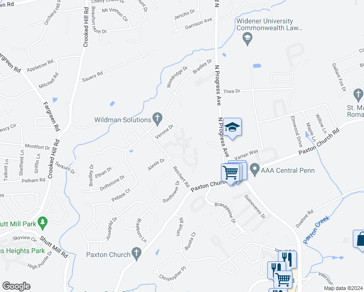 map of restaurants, bars, coffee shops, grocery stores, and more near 379 Cherrington Drive in Harrisburg