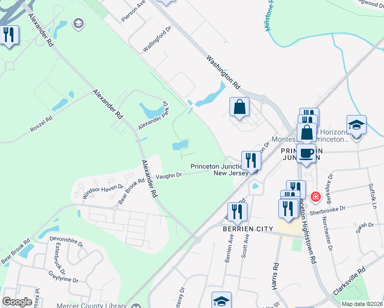 map of restaurants, bars, coffee shops, grocery stores, and more near 5 Vaughn Drive in Princeton
