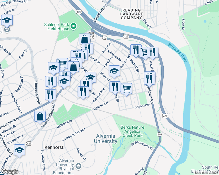 map of restaurants, bars, coffee shops, grocery stores, and more near 503 Hawthorne Street in Reading