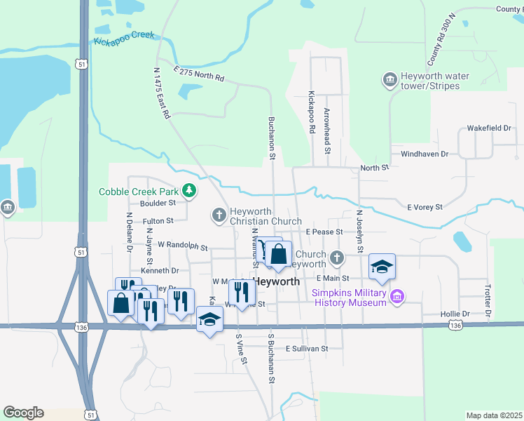 map of restaurants, bars, coffee shops, grocery stores, and more near 105 West Pease Street in Heyworth