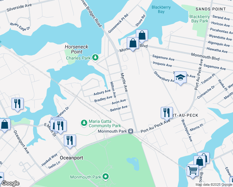 map of restaurants, bars, coffee shops, grocery stores, and more near 26 Bradley Avenue in Oceanport
