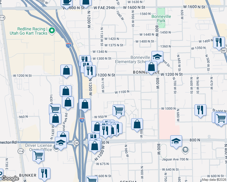 map of restaurants, bars, coffee shops, grocery stores, and more near 1075 West 1100 North in Orem