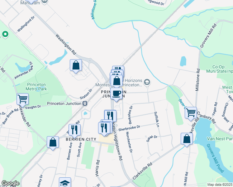 map of restaurants, bars, coffee shops, grocery stores, and more near 39 41 Hightstown Road in West Windsor Township