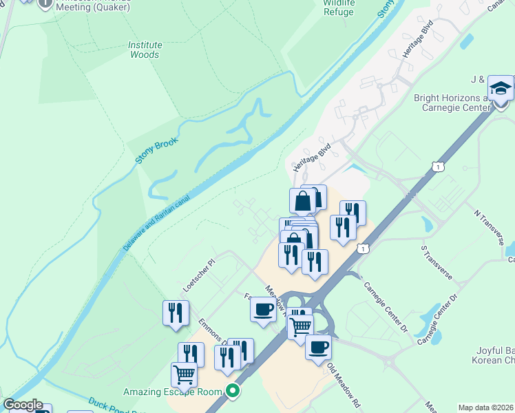 map of restaurants, bars, coffee shops, grocery stores, and more near 121 Rainier Court in Princeton
