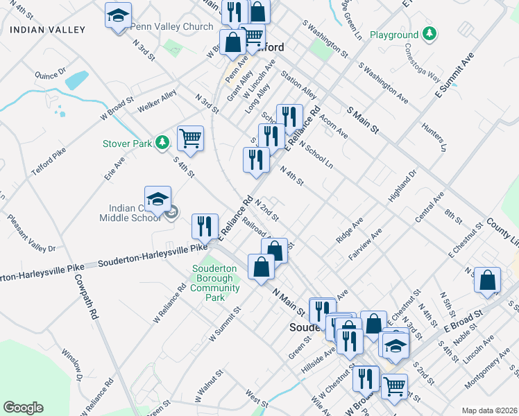map of restaurants, bars, coffee shops, grocery stores, and more near 464 North 2nd Street in Souderton