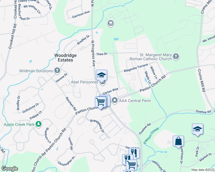 map of restaurants, bars, coffee shops, grocery stores, and more near 2330 Vartan Way in Harrisburg