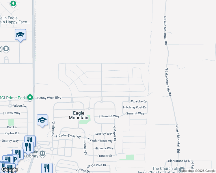 map of restaurants, bars, coffee shops, grocery stores, and more near 2158 Granite Lane in Eagle Mountain