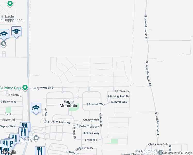 map of restaurants, bars, coffee shops, grocery stores, and more near 2176 Granite Lane in Eagle Mountain