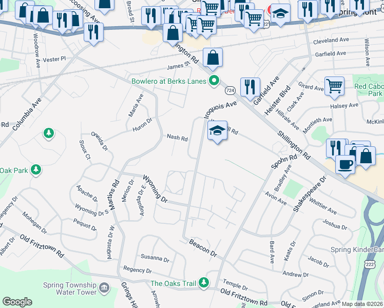 map of restaurants, bars, coffee shops, grocery stores, and more near 3128 South Wagner Circle in Sinking Spring