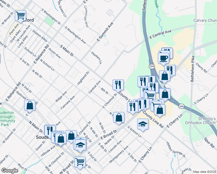 map of restaurants, bars, coffee shops, grocery stores, and more near 135 8th Street in Souderton