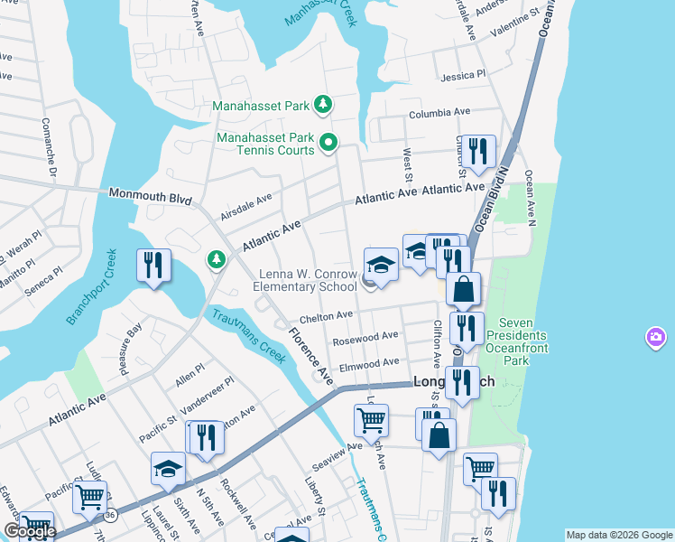 map of restaurants, bars, coffee shops, grocery stores, and more near 138 Avenel Boulevard in Long Branch