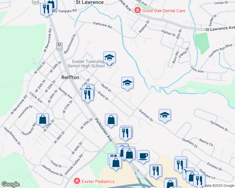 map of restaurants, bars, coffee shops, grocery stores, and more near 151 East 39th Street in Reading