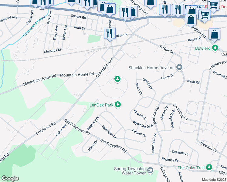 map of restaurants, bars, coffee shops, grocery stores, and more near 25 Michigan Drive in Sinking Spring