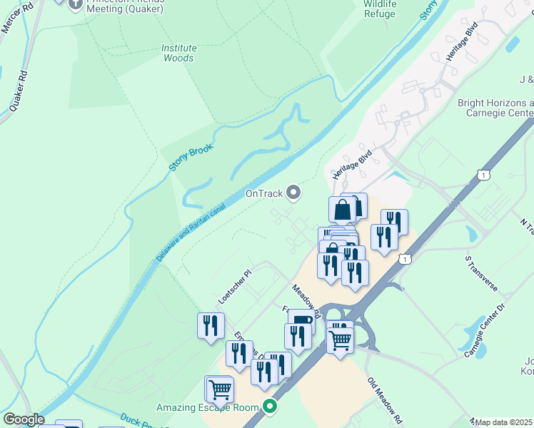 map of restaurants, bars, coffee shops, grocery stores, and more near 110 Biscayne Court in Princeton