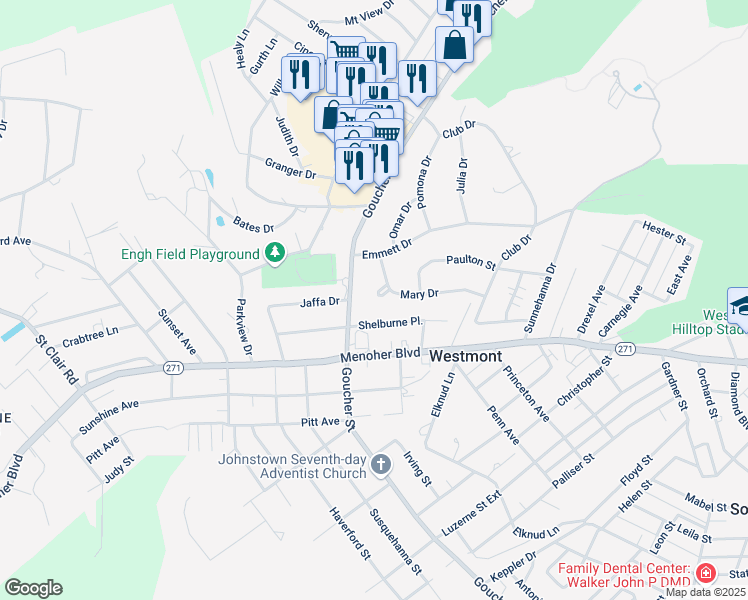 map of restaurants, bars, coffee shops, grocery stores, and more near 1538 Mary Drive in Johnstown