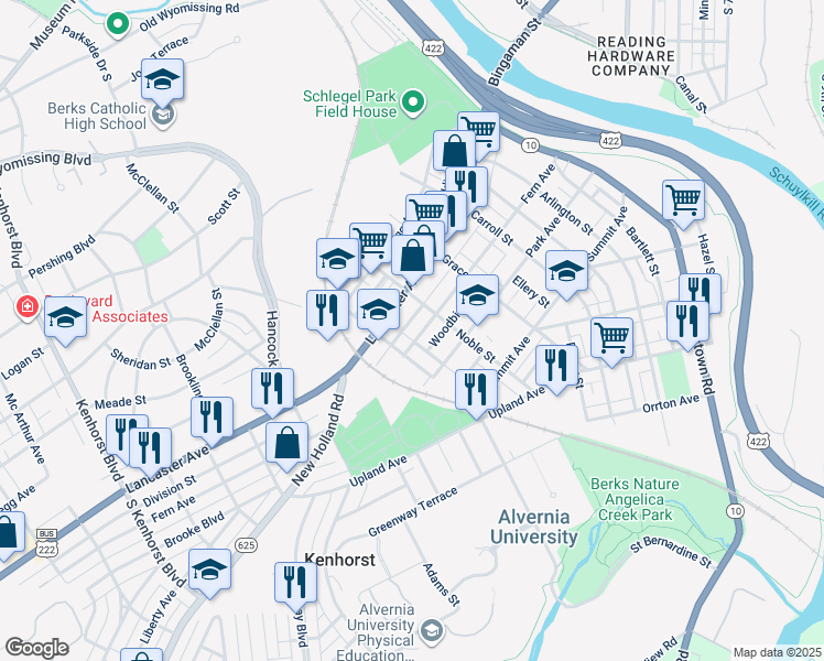 map of restaurants, bars, coffee shops, grocery stores, and more near 627 Fern Avenue in Reading