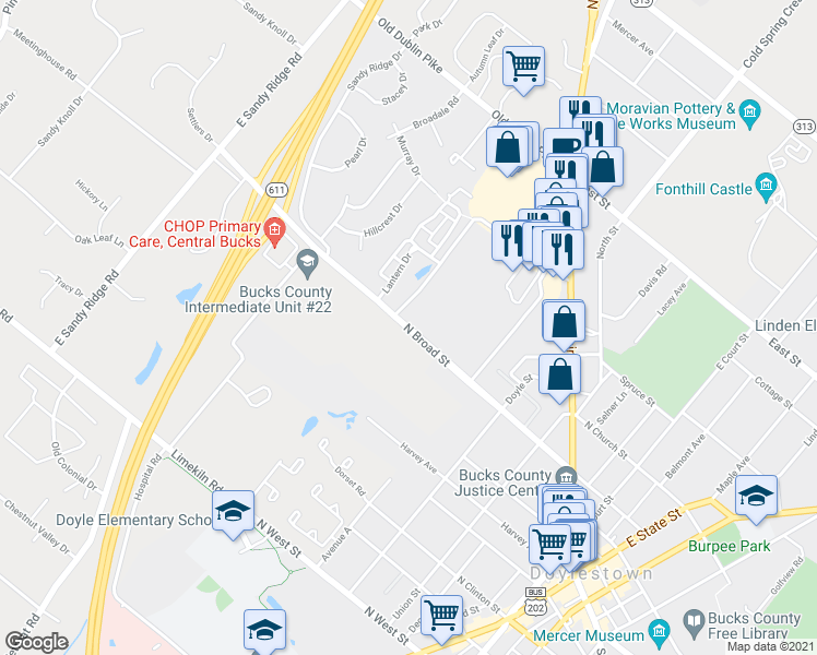map of restaurants, bars, coffee shops, grocery stores, and more near 390 North Broad Street in Doylestown
