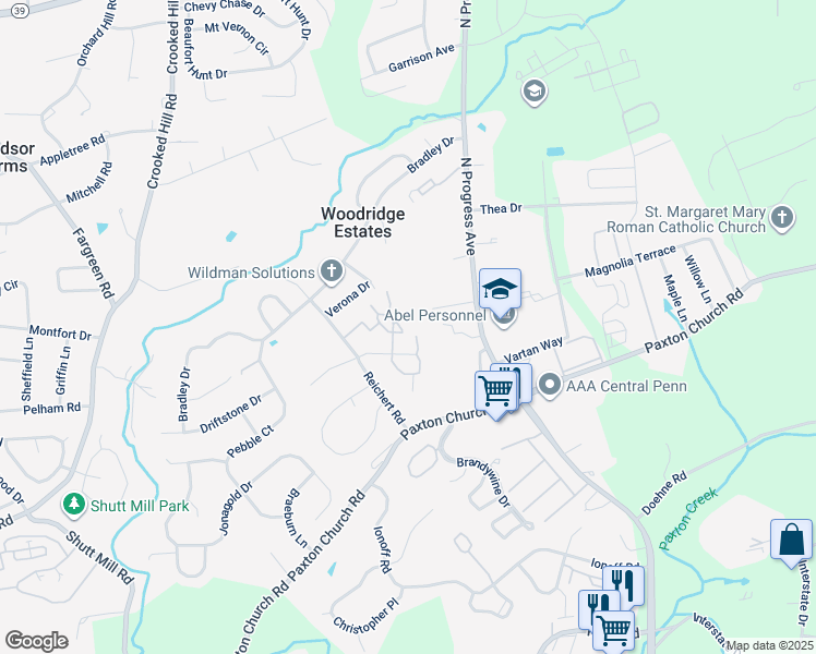 map of restaurants, bars, coffee shops, grocery stores, and more near 705 Cherrington Drive in Harrisburg