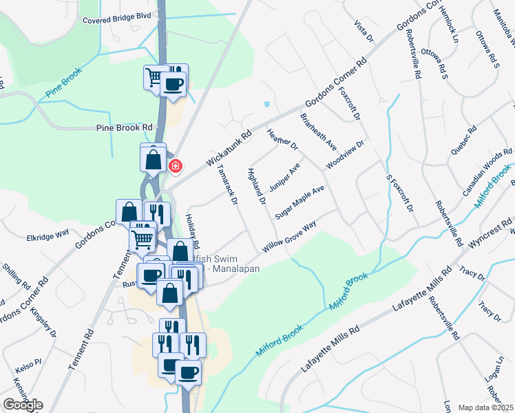 map of restaurants, bars, coffee shops, grocery stores, and more near 31 Highland Drive in Manalapan Township