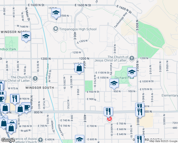map of restaurants, bars, coffee shops, grocery stores, and more near 1104 North 430 East in Orem
