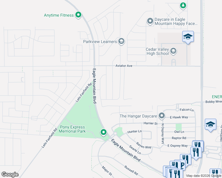 map of restaurants, bars, coffee shops, grocery stores, and more near 4796 Sage Park Drive in Eagle Mountain