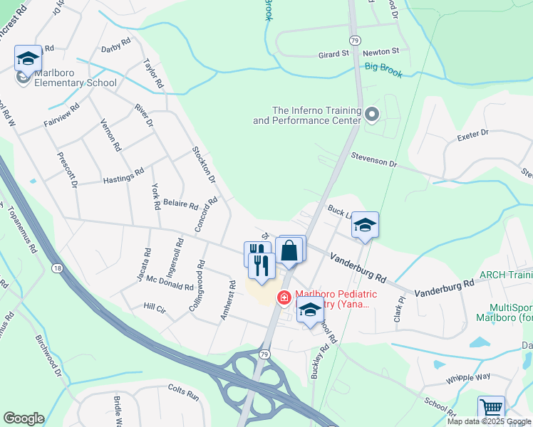 map of restaurants, bars, coffee shops, grocery stores, and more near 18 Hobart Street in Marlboro