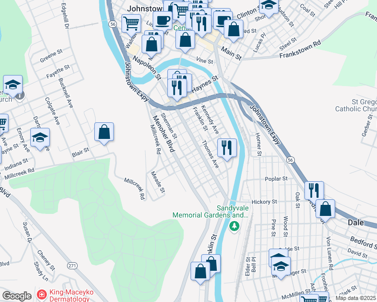 map of restaurants, bars, coffee shops, grocery stores, and more near 316 South Street in Johnstown