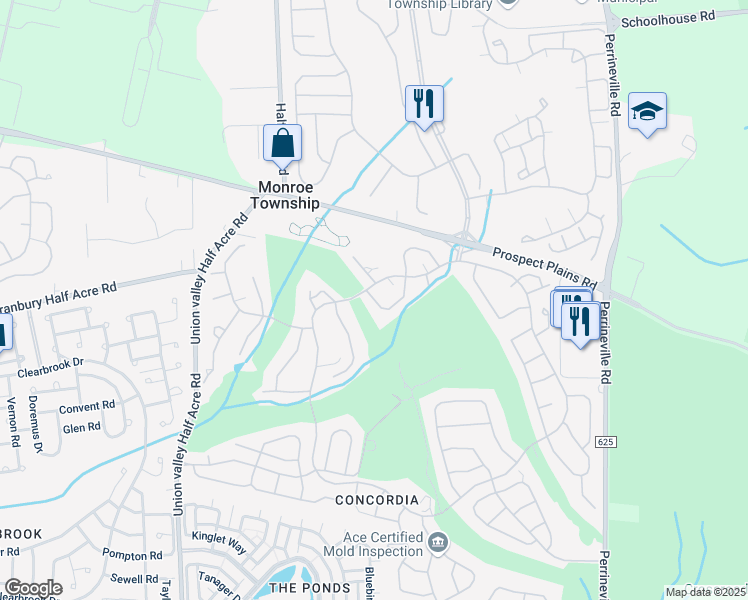 map of restaurants, bars, coffee shops, grocery stores, and more near Thomas Paine Drive in Monroe Township