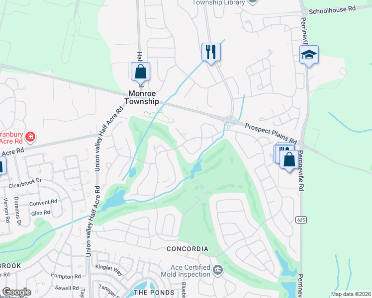 map of restaurants, bars, coffee shops, grocery stores, and more near Thomas Paine Drive in Monroe Township