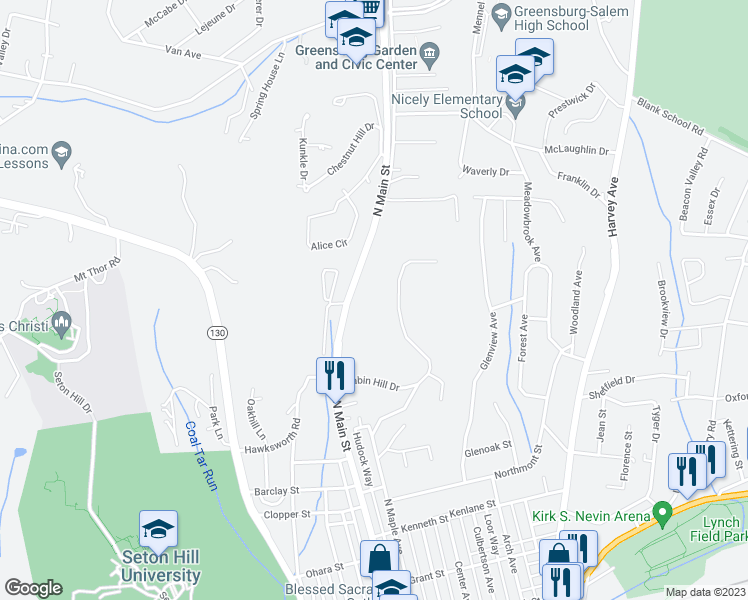 map of restaurants, bars, coffee shops, grocery stores, and more near 751 Cabin Hill Drive in Greensburg