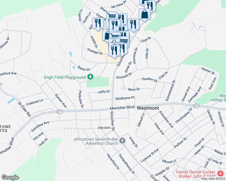 map of restaurants, bars, coffee shops, grocery stores, and more near 1604 Goucher Street in Johnstown