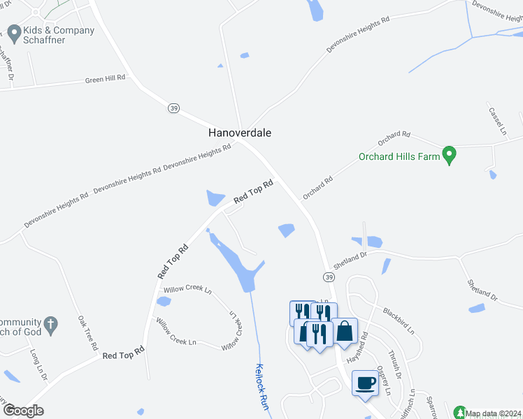 map of restaurants, bars, coffee shops, grocery stores, and more near 7951 Red Top Road in Hummelstown