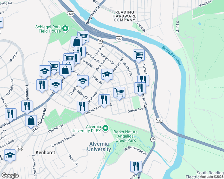 map of restaurants, bars, coffee shops, grocery stores, and more near 423 Pansy Street in Reading