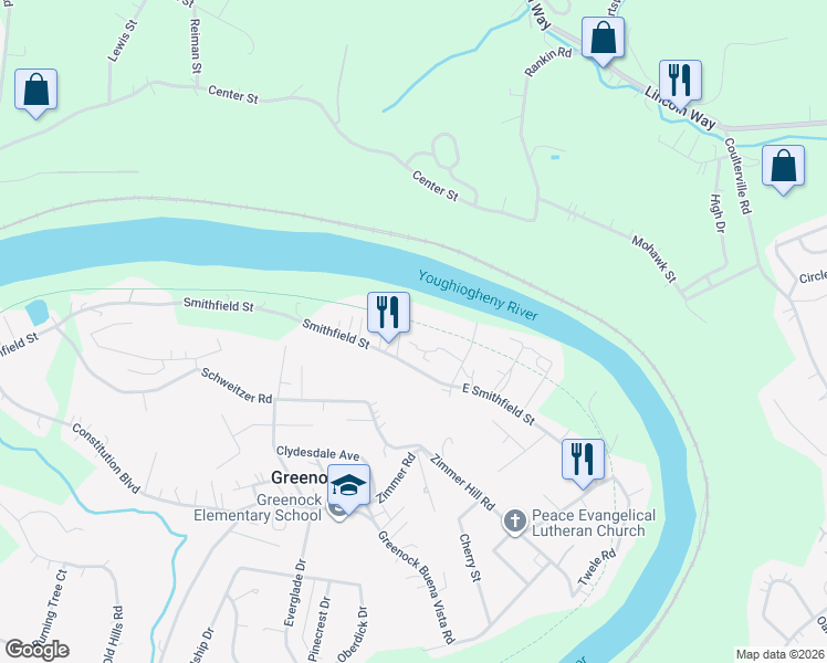 map of restaurants, bars, coffee shops, grocery stores, and more near 1028 Smithfield Street in McKeesport