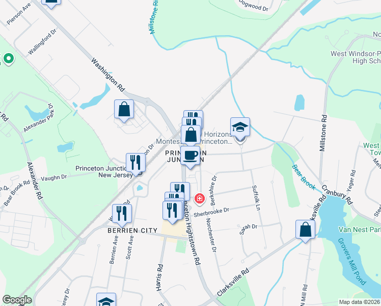 map of restaurants, bars, coffee shops, grocery stores, and more near 39 41 Hightstown Road in West Windsor Township