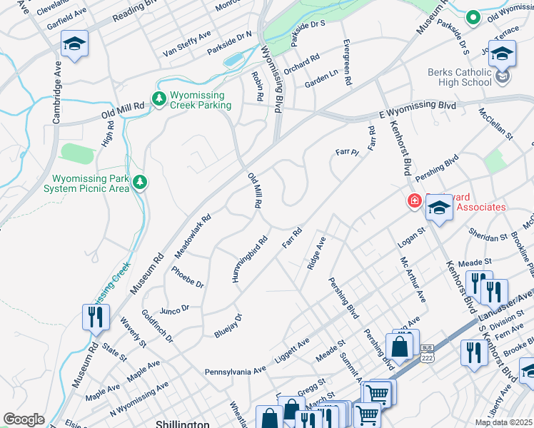 map of restaurants, bars, coffee shops, grocery stores, and more near 1 Oriole Road in Wyomissing