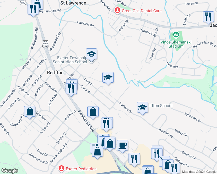 map of restaurants, bars, coffee shops, grocery stores, and more near 151 East 39th Street in Reading