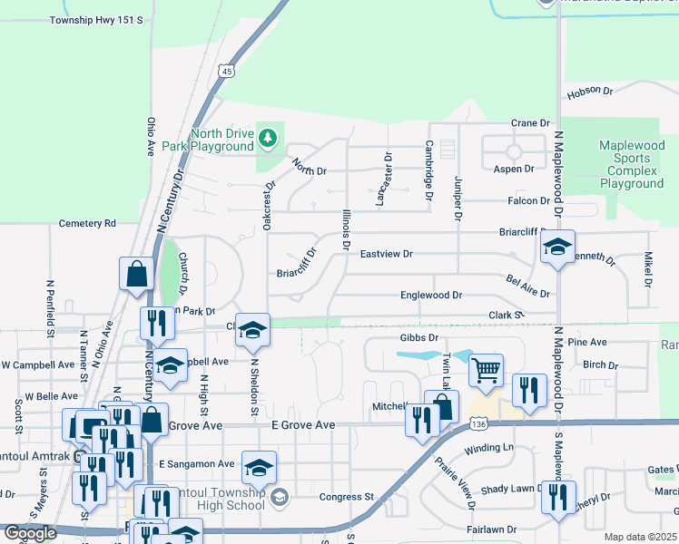 map of restaurants, bars, coffee shops, grocery stores, and more near 860 Eastview Drive in Rantoul