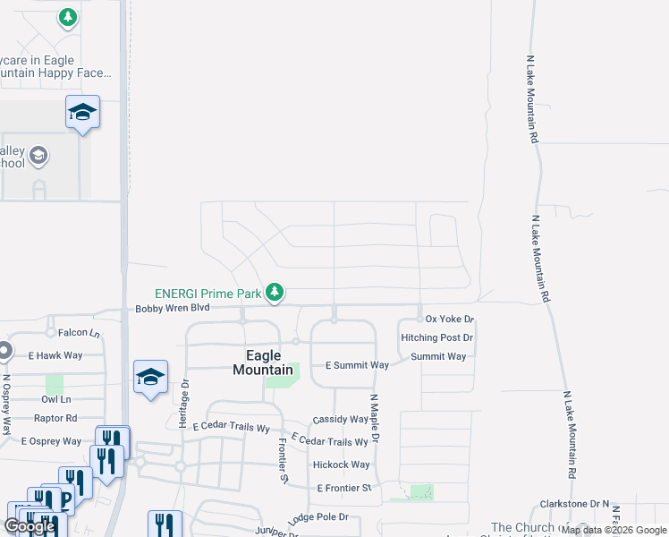 map of restaurants, bars, coffee shops, grocery stores, and more near 2192 Granite Lane in Eagle Mountain