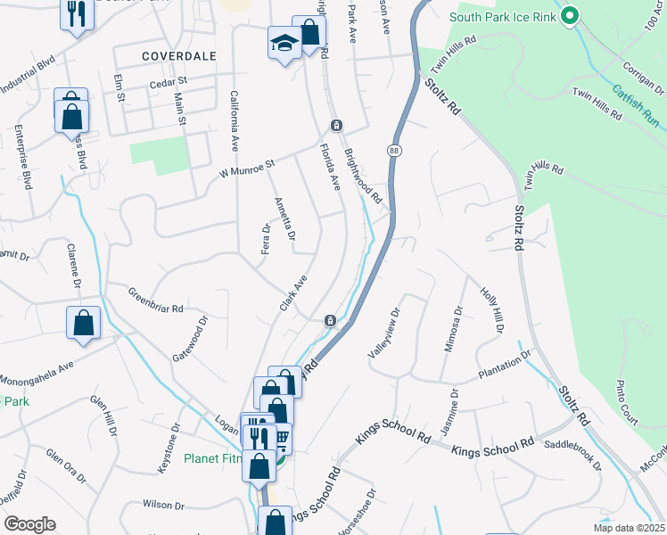 map of restaurants, bars, coffee shops, grocery stores, and more near 5654 Florida Avenue in Bethel Park