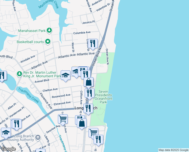 map of restaurants, bars, coffee shops, grocery stores, and more near 310 North Ocean Avenue in Long Branch