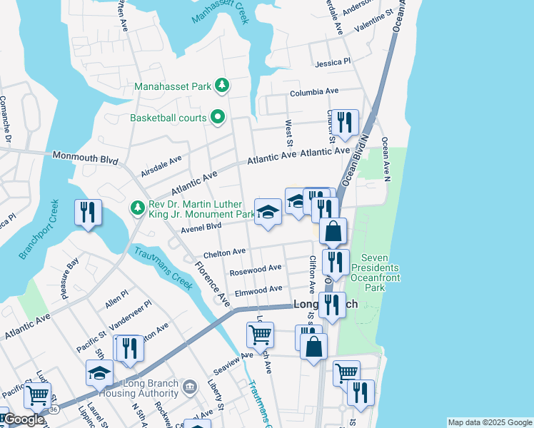 map of restaurants, bars, coffee shops, grocery stores, and more near 335 Long Branch Avenue in Long Branch