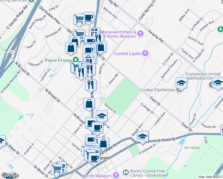 map of restaurants, bars, coffee shops, grocery stores, and more near 333 Lacey Avenue in Doylestown