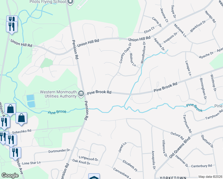 map of restaurants, bars, coffee shops, grocery stores, and more near 55 Pine Brook Road in Manalapan Township