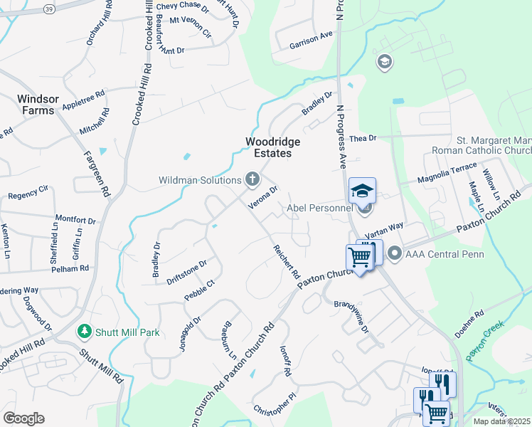 map of restaurants, bars, coffee shops, grocery stores, and more near 207 Cherrington Drive in Harrisburg