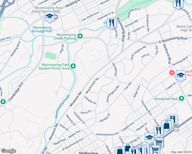 map of restaurants, bars, coffee shops, grocery stores, and more near 1631 Meadowlark Road in Wyomissing