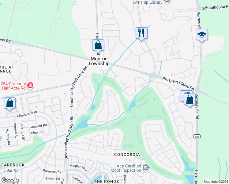 map of restaurants, bars, coffee shops, grocery stores, and more near 4 James Madison Court in Monroe Township