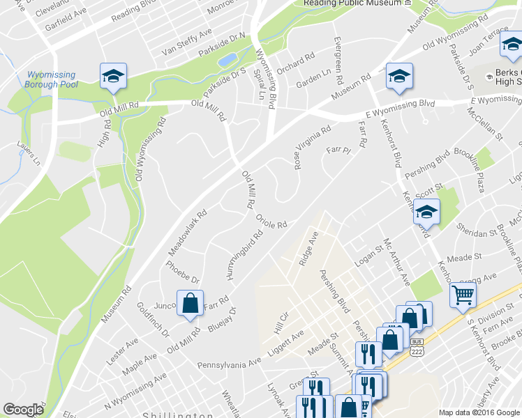 map of restaurants, bars, coffee shops, grocery stores, and more near 1 Oriole Road in Wyomissing