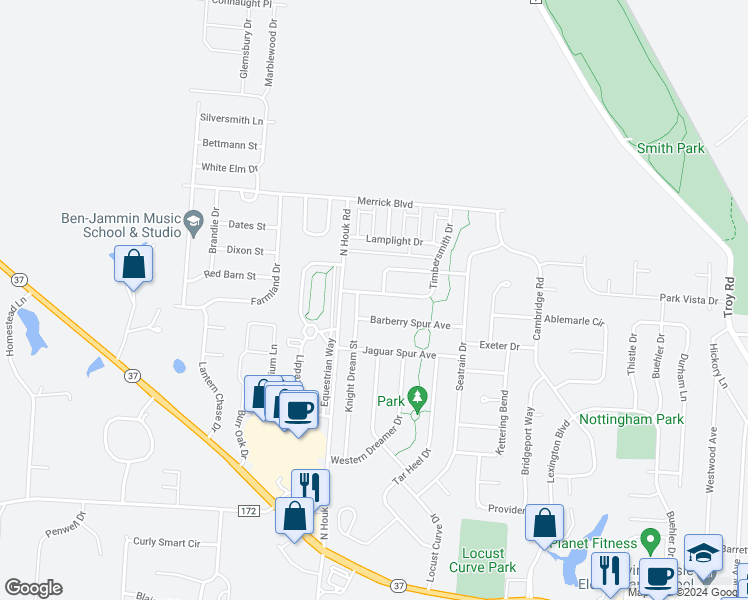 map of restaurants, bars, coffee shops, grocery stores, and more near 340 Timbersmith Drive in Delaware